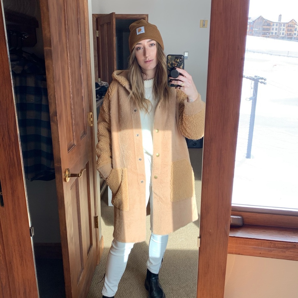Women's Caramel Teddy Hooded Patchwork Coat